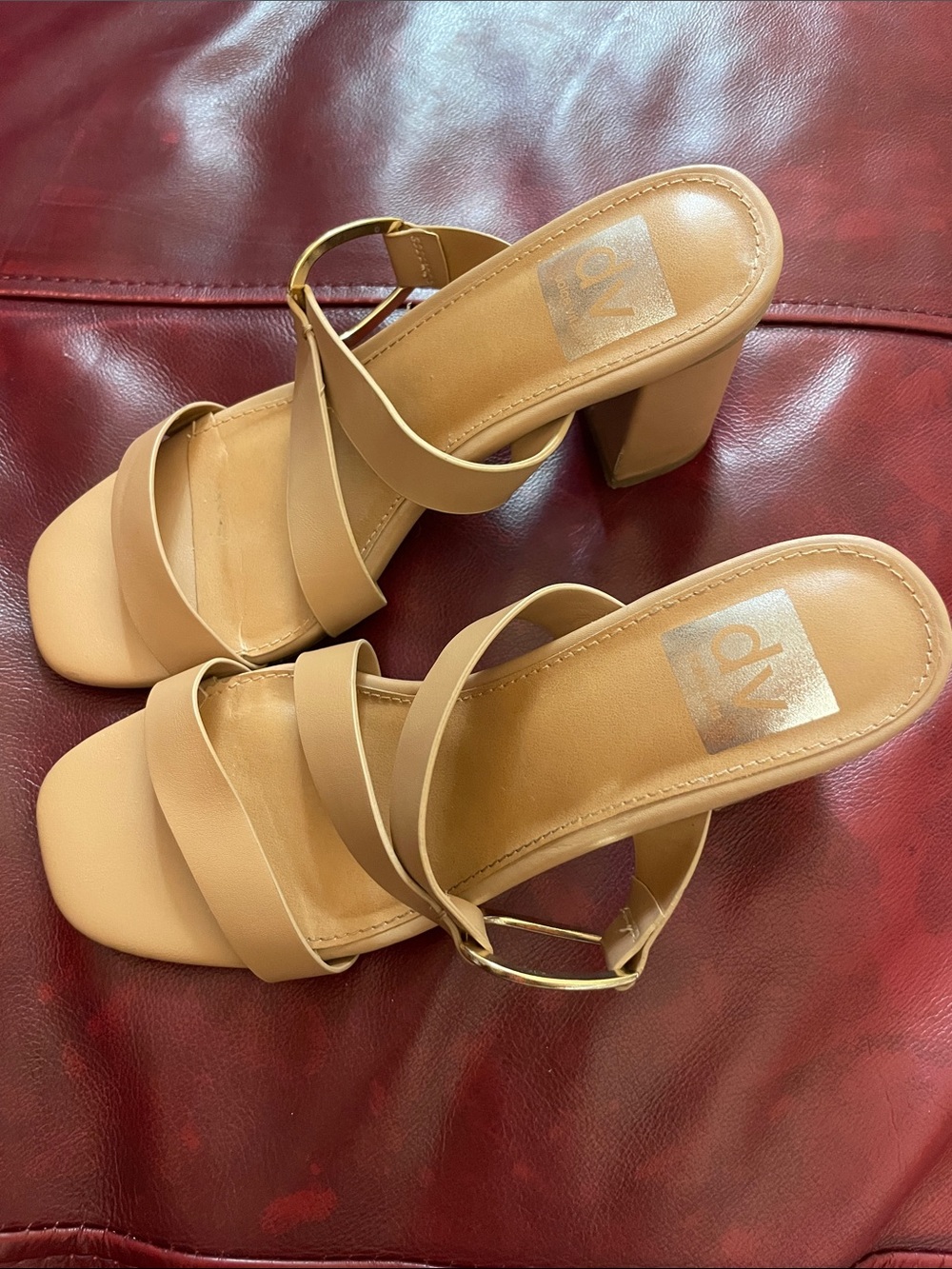 Dolce Vita Tan Strappy Block Heel Sandals with Gold Buckle